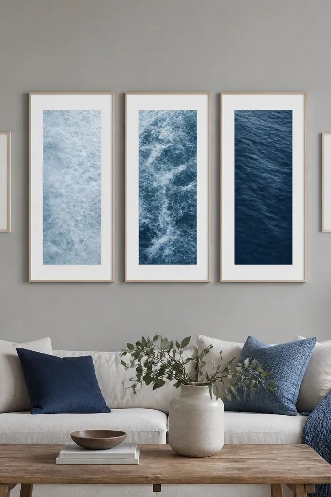Three tall blue frames stacked with two smaller side frames