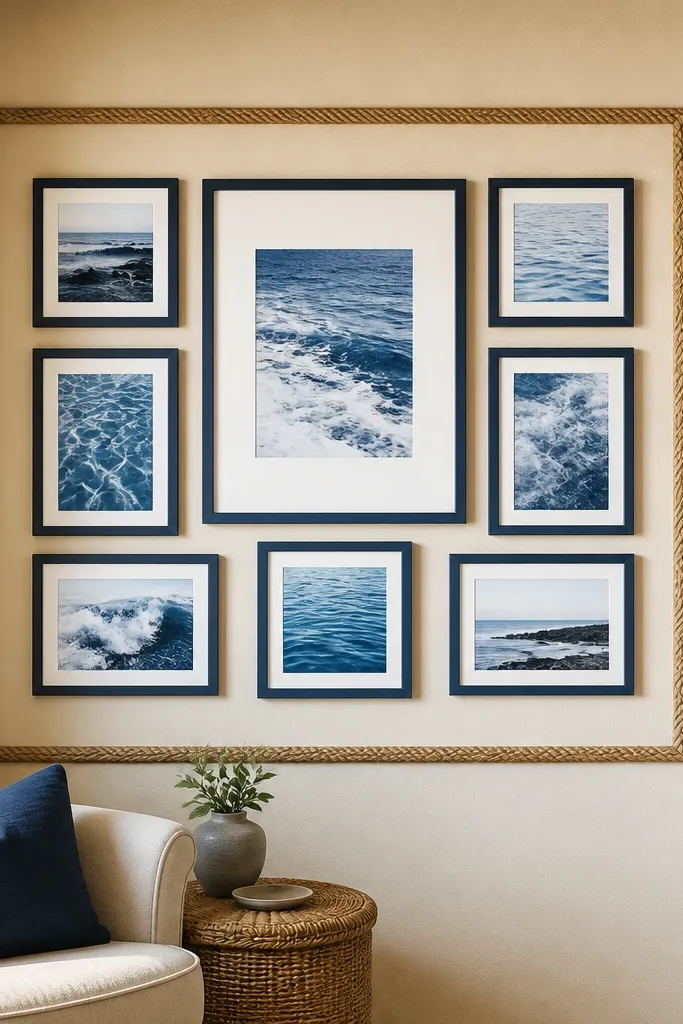 Navy framed blue photos with a textured border like rope trim