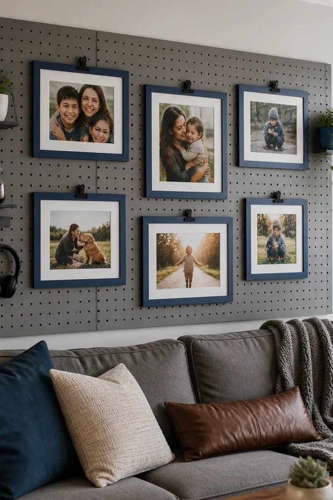 Blue frames pinned to a gray pegboard behind them