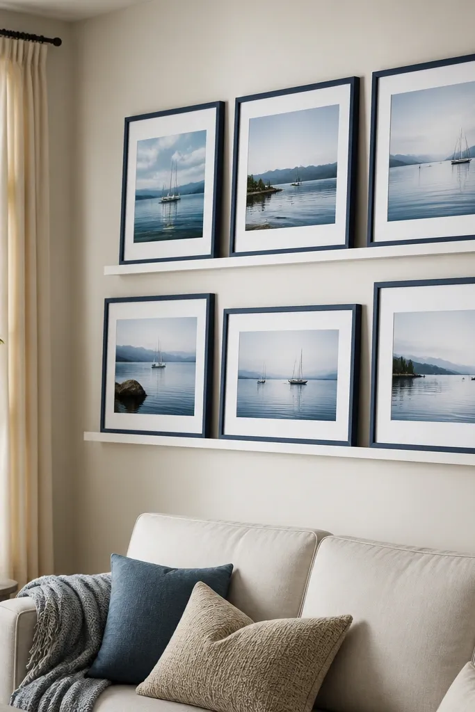 Blue frames grouped on a picture ledge in two tidy rows