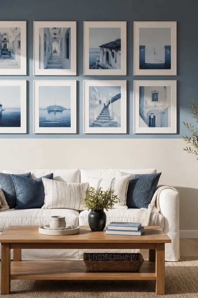 Blue collage on the top half of a wall with a solid color bottom