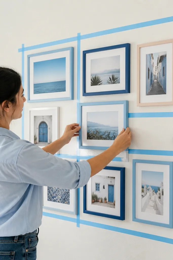 Blue tape grid holding mixed blue photos in straight rows.