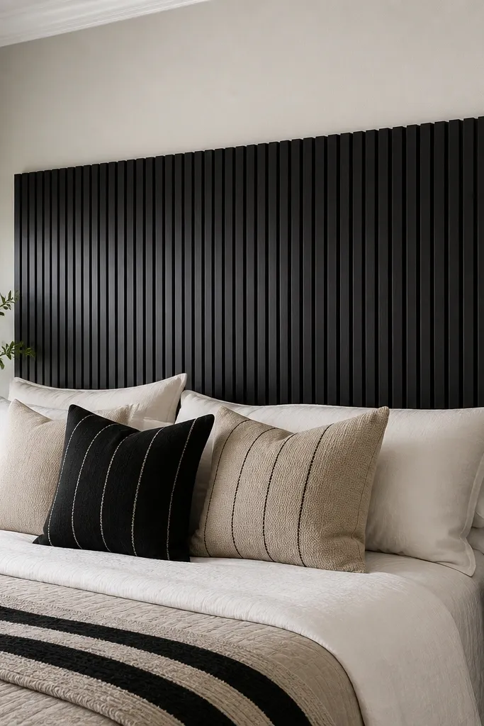 Matte black slatted headboard with thin vertical gaps above a white bed