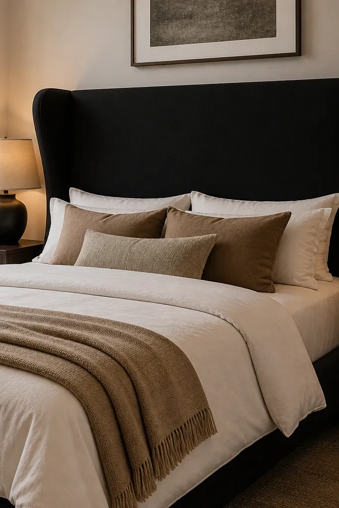 Black wingback headboard with curved sides and a flat boxed border