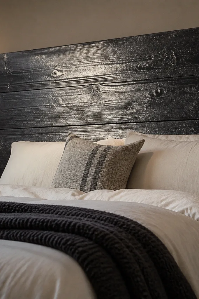 Black-stained reclaimed wood headboard with visible grain and knots
