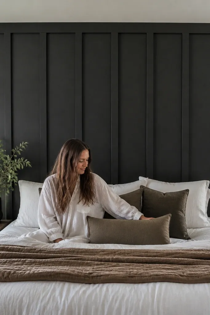 Black board-and-batten headboard panels with raised vertical strips