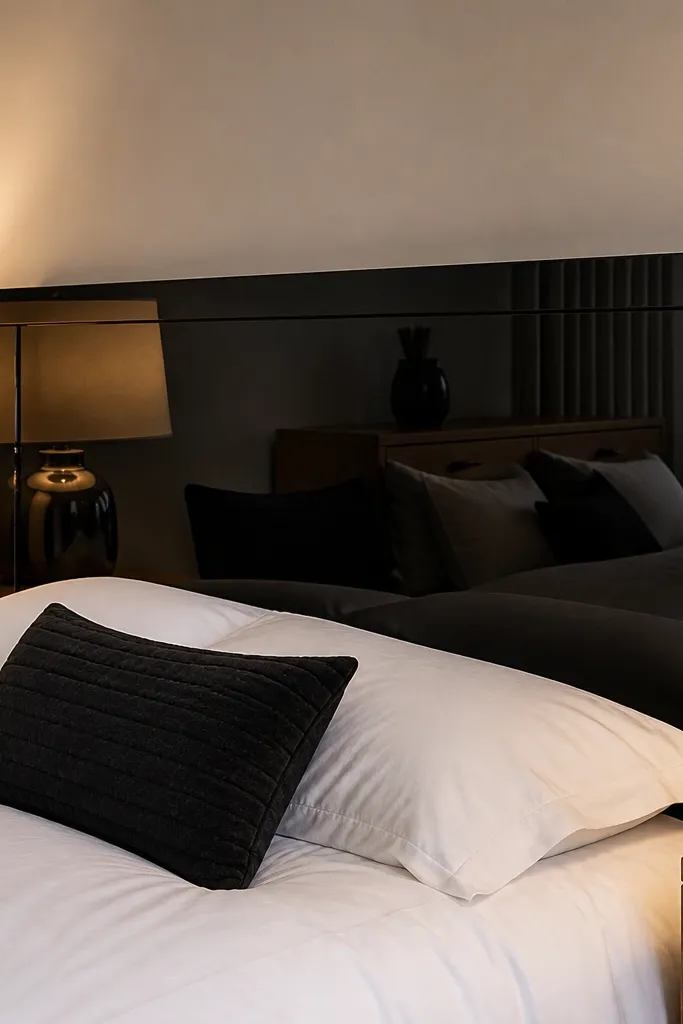 High-gloss black panel headboard with sharp reflections behind a bed