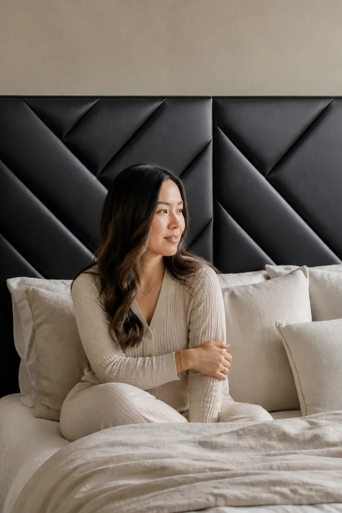 Black leather-look headboard with diagonal panel seams forming a geometric pattern