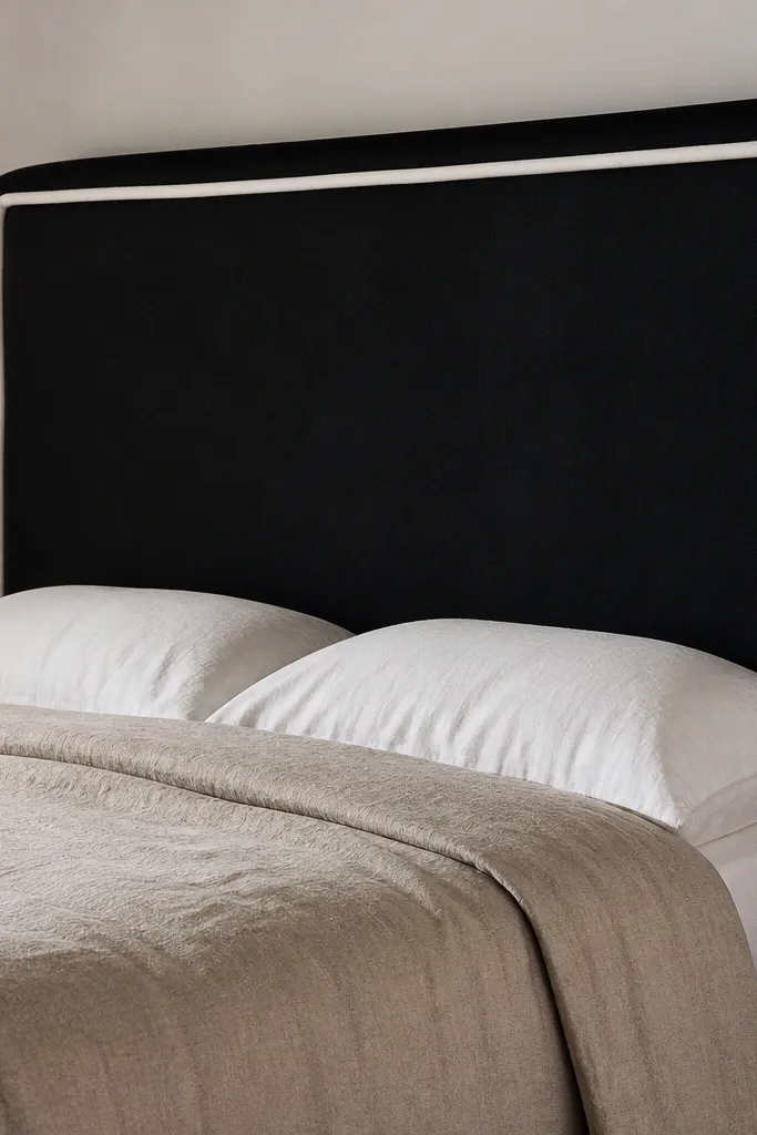 Black fabric headboard with thick piping around the outer edge