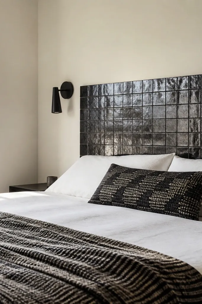 Black mosaic tile headboard with light grout lines above a bed