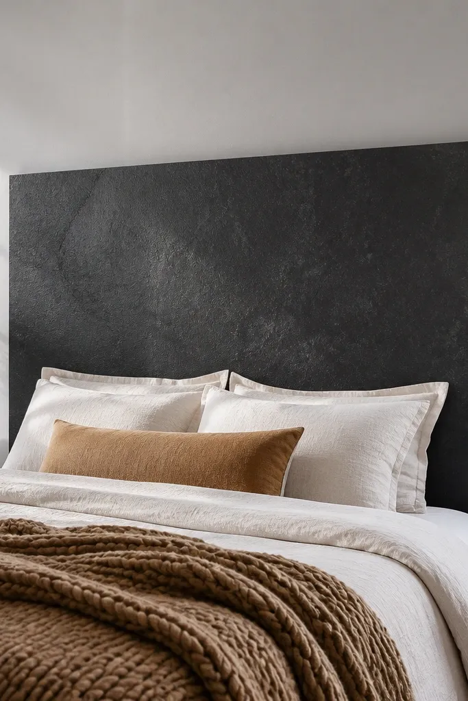 Black faux slate headboard with stone texture and uneven speckling