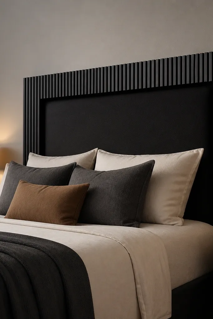 Black slat frame with a fabric panel inset and a visible shadow gap