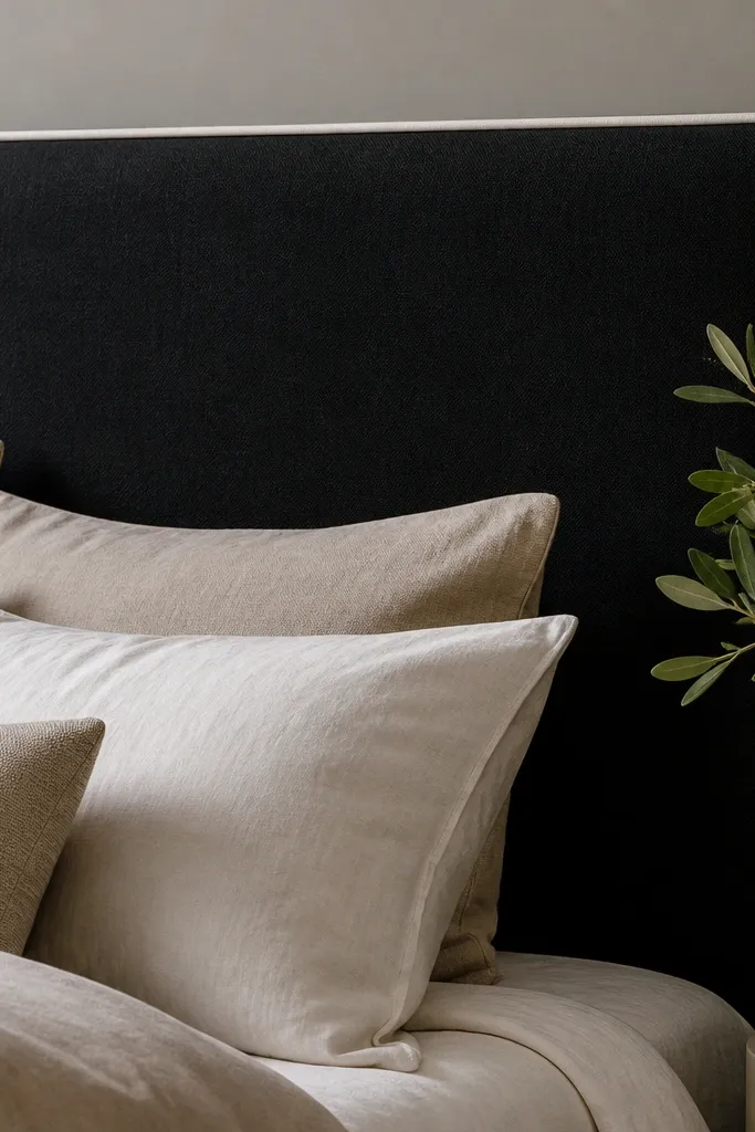 Black upholstered headboard with a contrasting welt trim around the edge