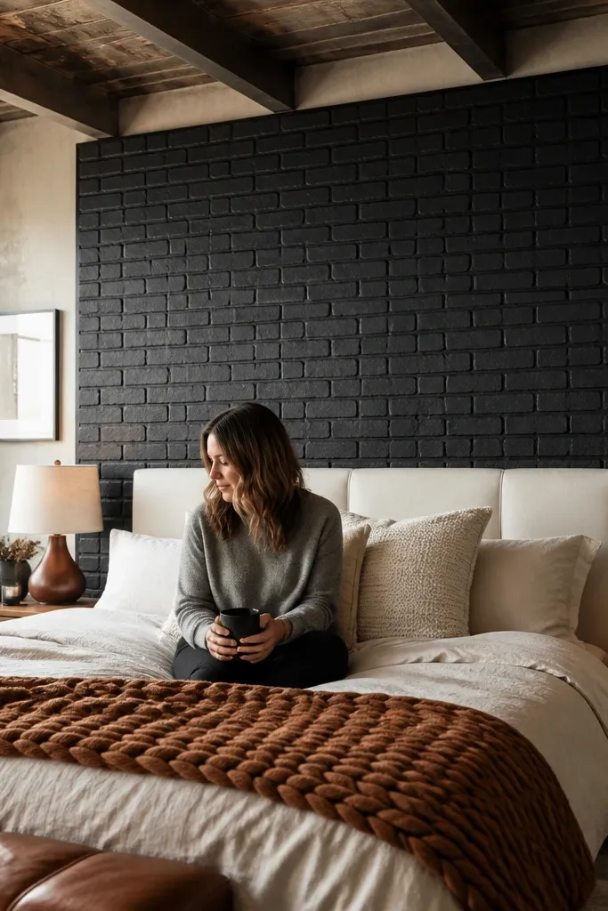 Black panel headboard with raised faux brick texture behind a bed