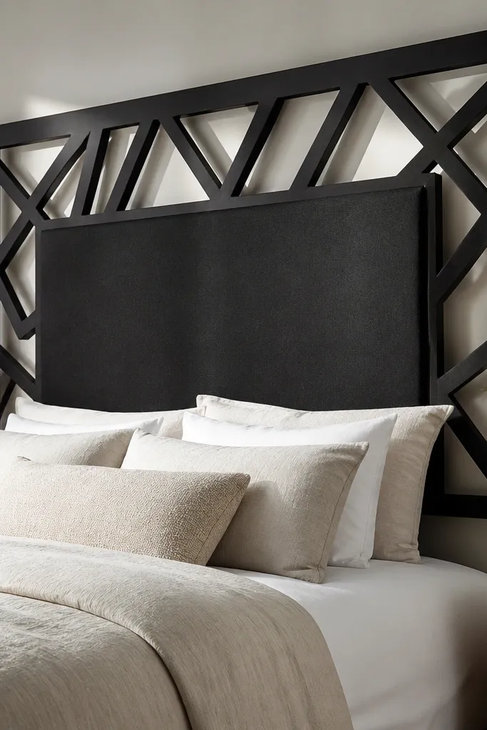 Black geometric MDF headboard with triangular cutouts and a fabric overlay panel