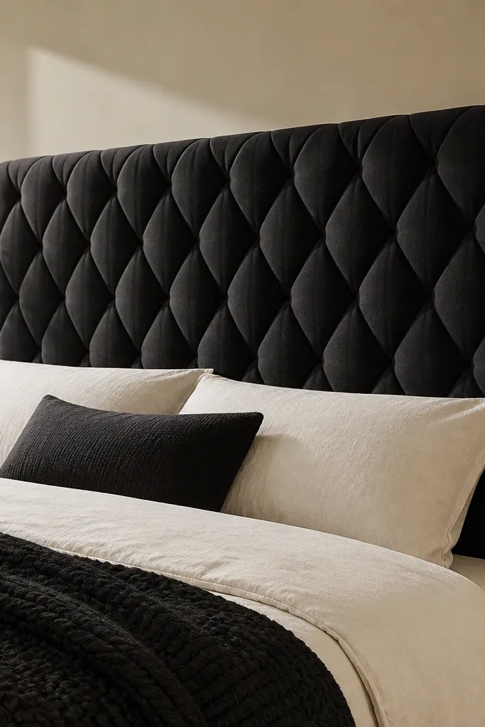Black quilted headboard with diamond stitching across the surface