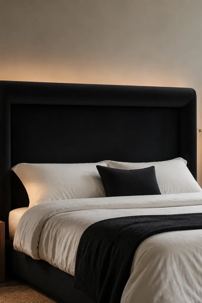 Black velvet headboard with a padded rolled edge floating off the wall