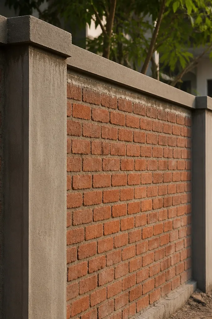 Brick compound wall with evenly spaced concrete pillars and a flat cement top cap