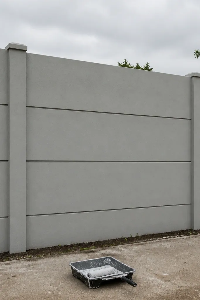 Reinforced concrete compound wall with smooth plastered panels and straight vertical lines
