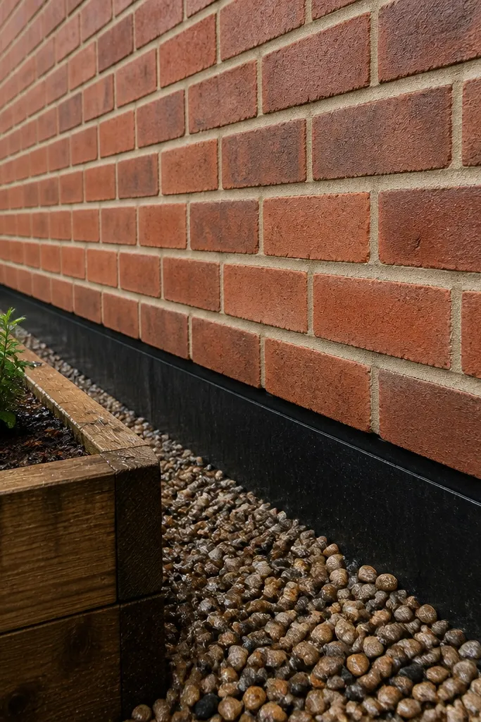 Full brick compound wall with a moisture barrier at the base and neat mortar joints