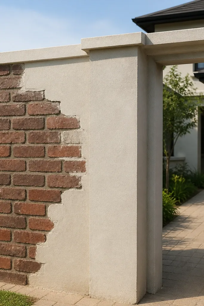 Hybrid compound wall using brick on the front with block backing and plaster finish