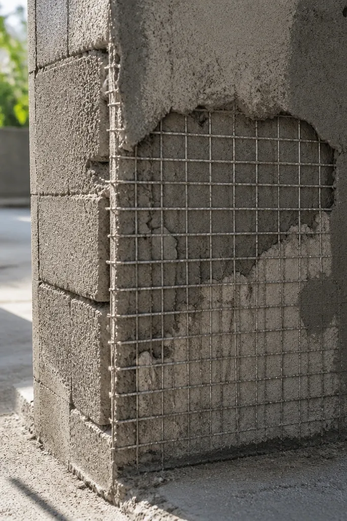 Concrete block compound wall with reinforced plaster mesh on the surface