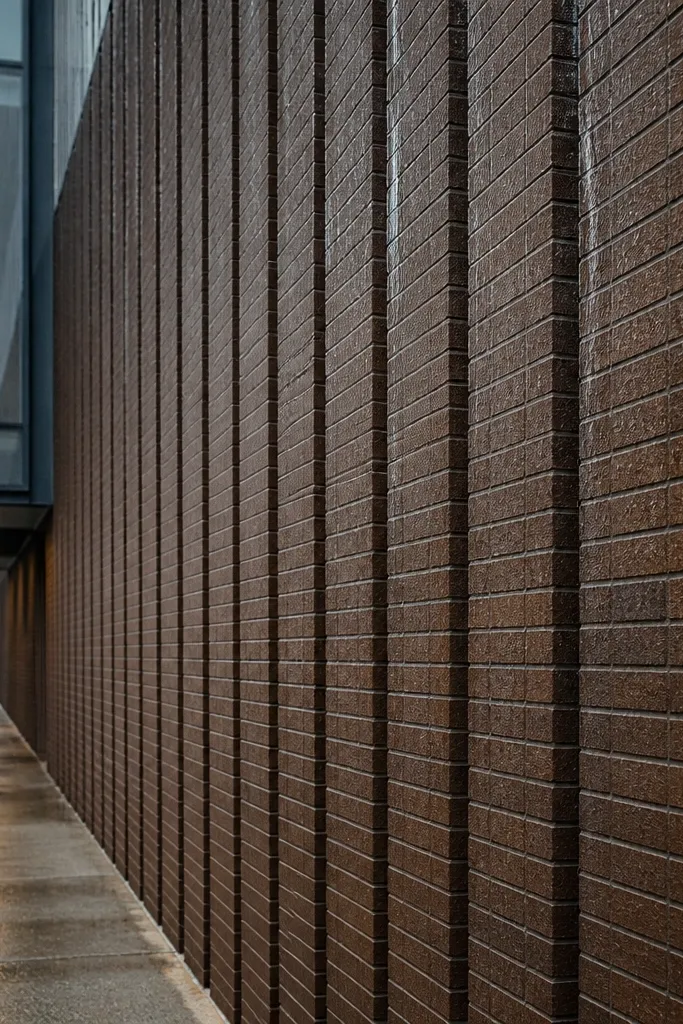 Brick compound wall with shallow vertical grooves and a protective top cap