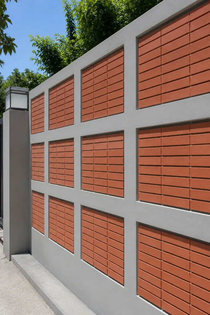 Modern boundary wall with brick infill between concrete frames