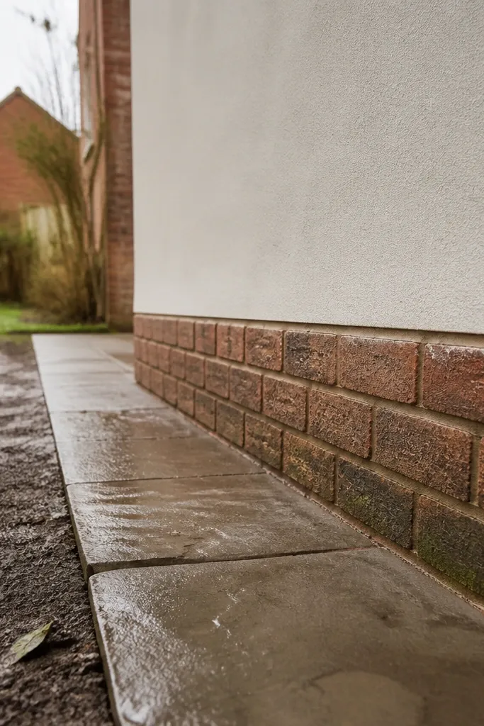 Brick wall with a horizontal soldier course at the bottom and sealed plaster finish
