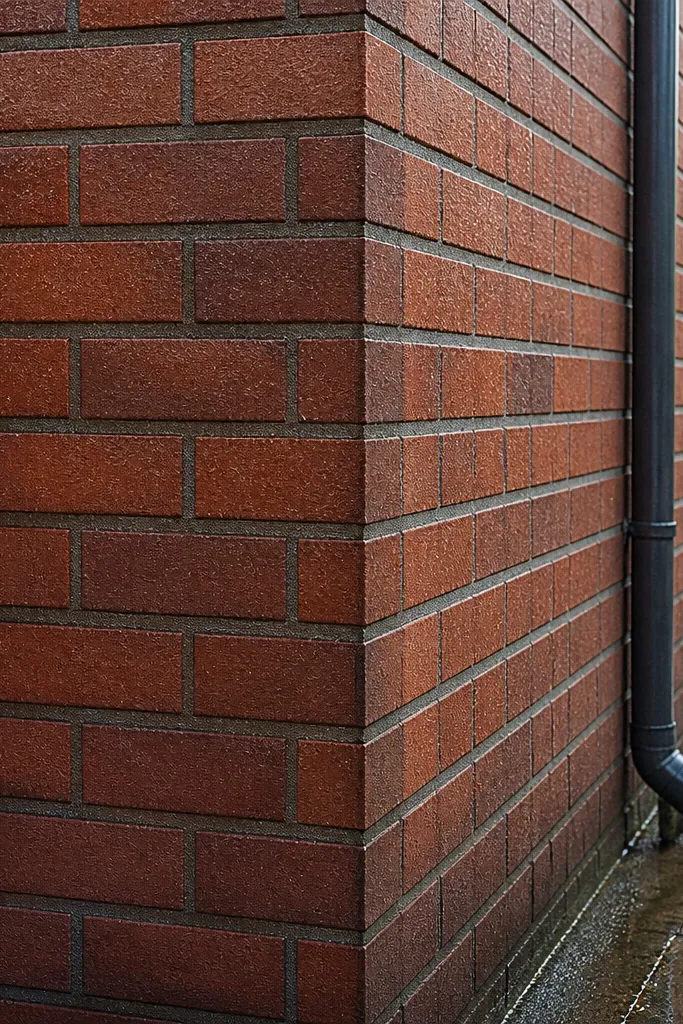 Brick compound wall with reinforced corner posts and clean mortar joints