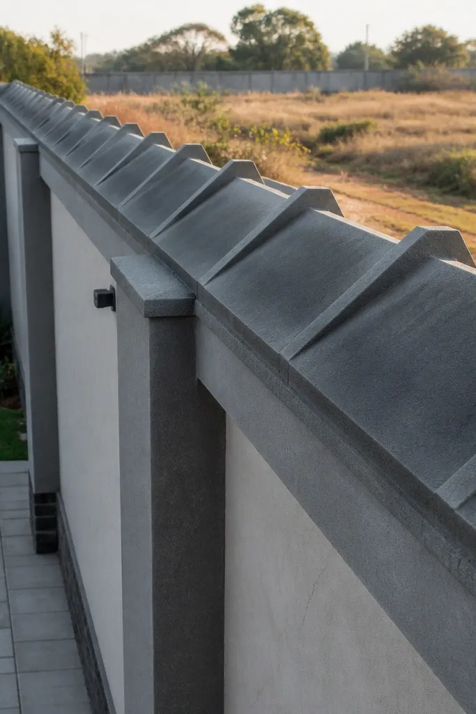 Concrete compound wall with pointed or angled top protection and smooth reinforcement lines