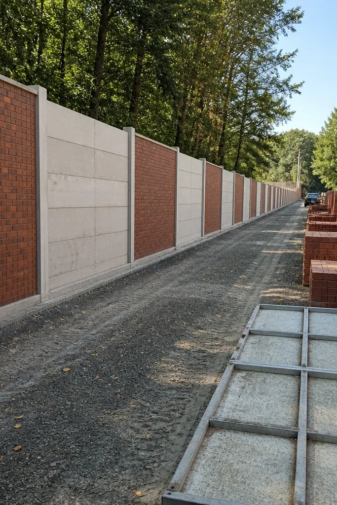 Long compound wall section with repeated pillars and consistent panel spacing