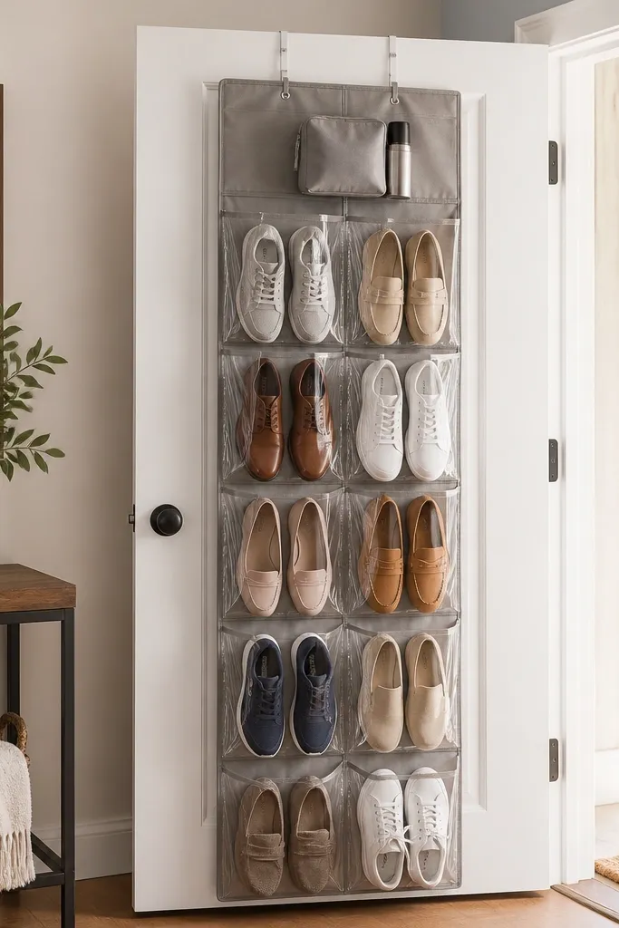 An over-the-door shoe organizer hanging behind the entry door. Clear plastic pockets show pairs lined up by type, with a small fabric panel at the top holding a compact pouch for shoe spray.