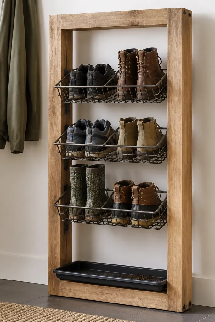 A freestanding entryway rack made from light stained 2x4 lumber forming a rectangle. Inside, three wire baskets hold shoes, with a small tray at the bottom for muddy items.