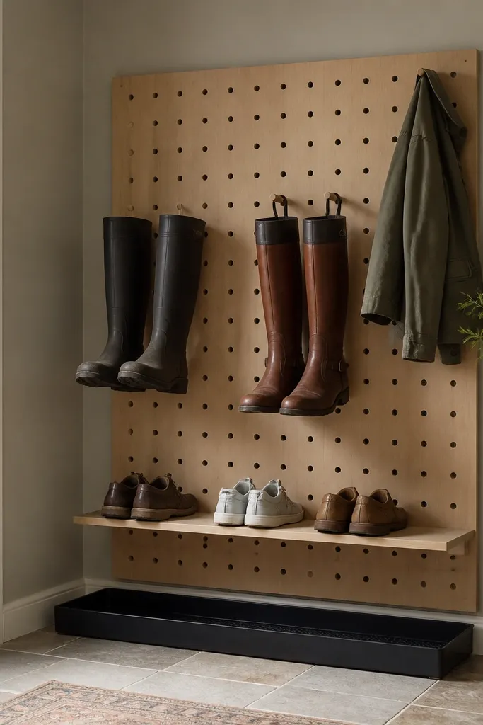 A pegboard mounted on the wall with a shallow boot tray beneath. On top, small hooks hold boot shafts, and a narrow shelf runs horizontally for shoes.