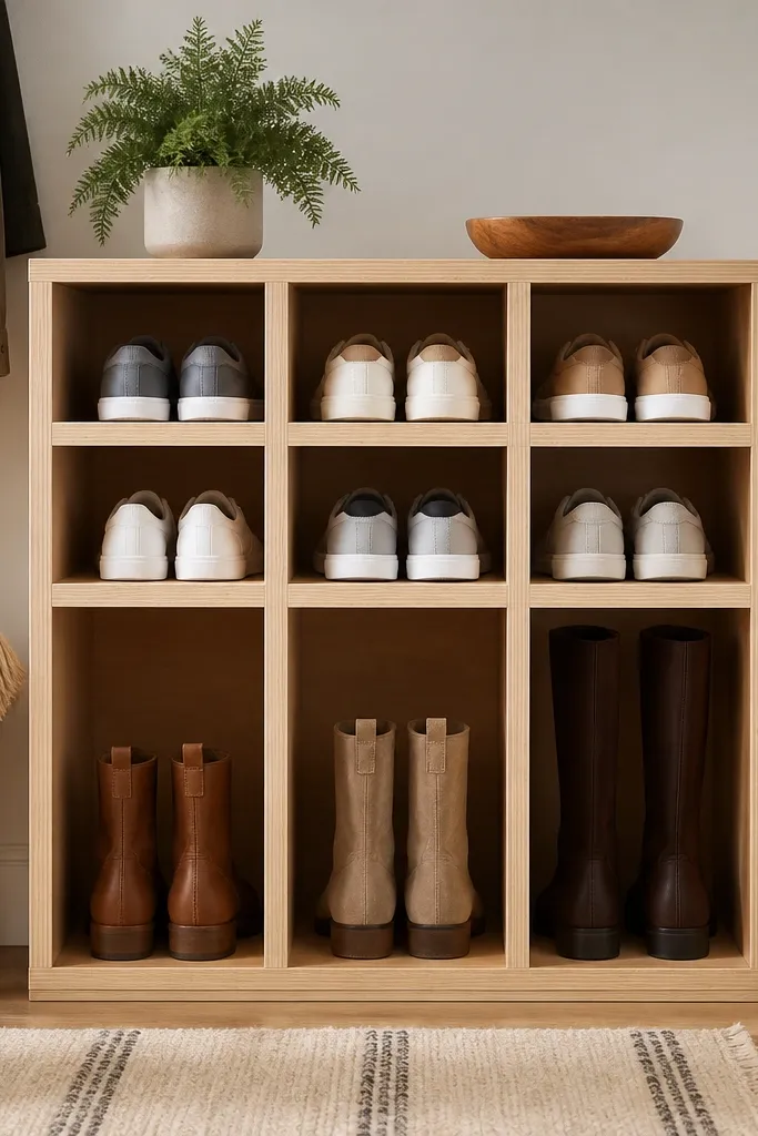 A compact cubby cabinet made of plywood with open front slots. The top two rows hold sneakers, and the bottom row is taller for boots. Each cubby has a simple face frame border.