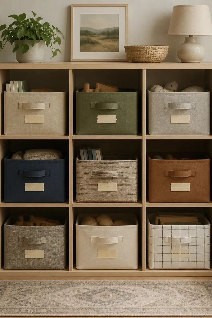 A square cubby shelf with open compartments. Each compartment has a fabric bin or slim basket, with handwritten labels on masking tape, and a small rug in front.
