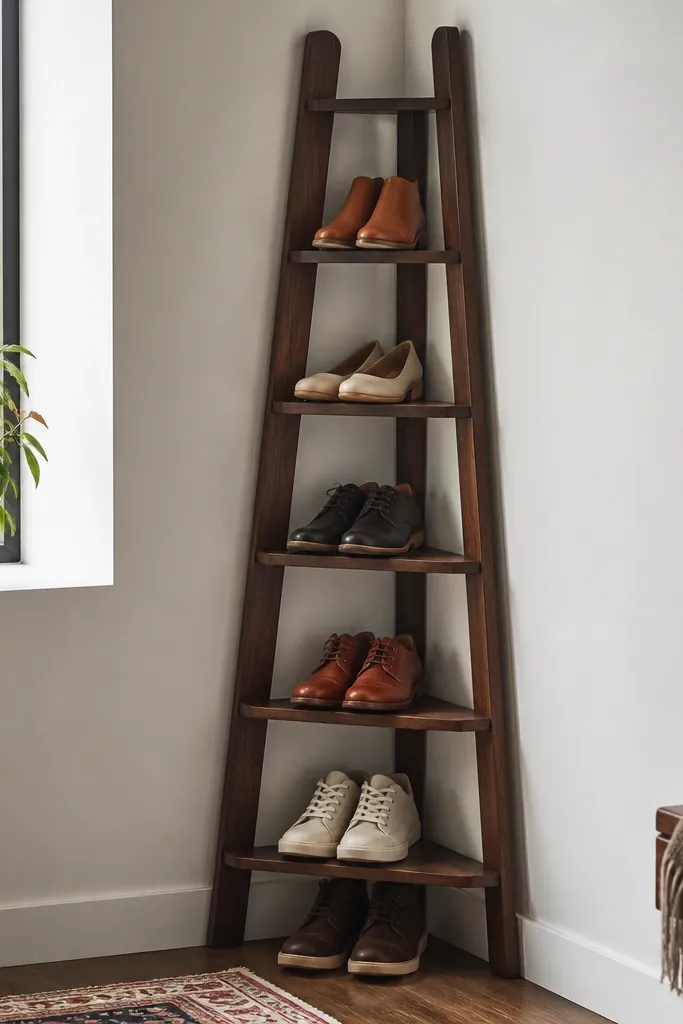 A slim corner shelf shaped like a ladder, with angled wooden steps. Shoes sit with toes pointing slightly forward, and the ladder is stained dark walnut.