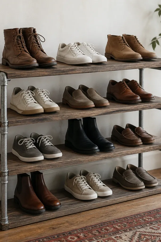 A shoe rack with a galvanized pipe frame and reclaimed wood planks across the top. The planks have visible wood grain, and shoes rest on each plank with space between pairs.