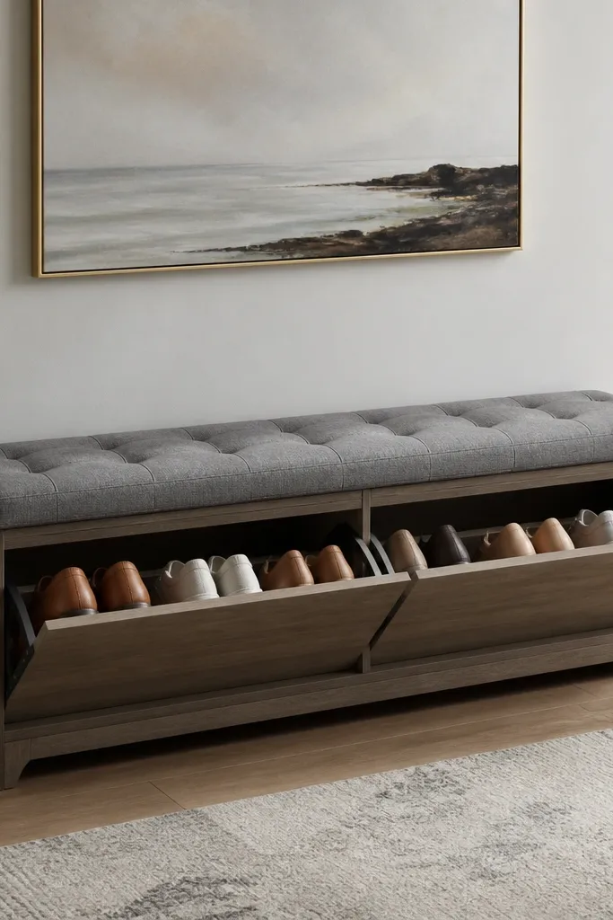 A narrow entry bench with hinged flip-top panels on the front. Inside, shoe compartments are visible when opened, and the top is upholstered in gray fabric with tufted buttons.