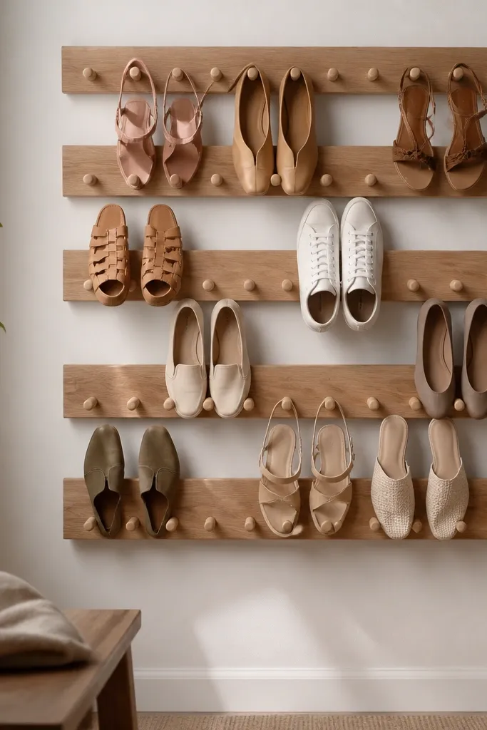 A wall-mounted rack with horizontal wood slats and short dowels hanging below each slat. Shoes hang by the straps or rest against the dowels, creating a neat grid.