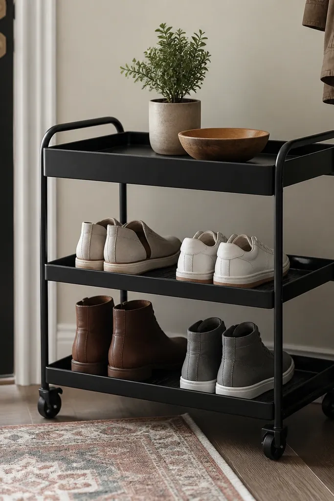 A small rolling metal cart with two open tiers for shoes and a top tray. The cart is painted matte black and sits beside a front door on a small rug.