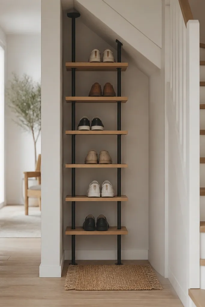 A narrow niche under a stair with two tension rods installed vertically and small shelves made from wood boards. Shoes hang or rest between rods, and a small doormat sits beneath.