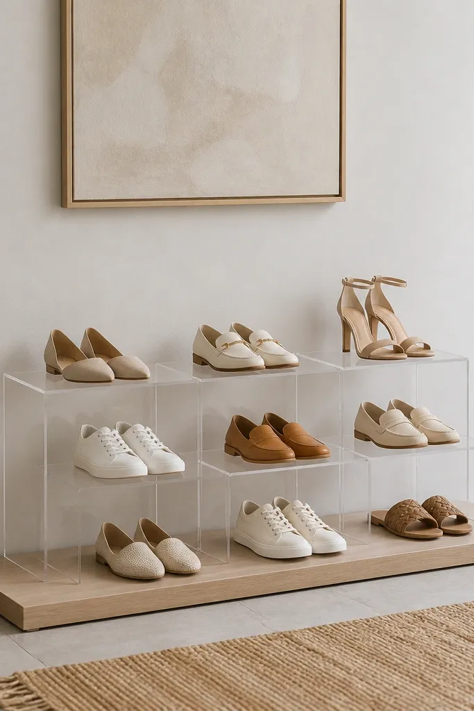 A slim base shelf with clear acrylic risers arranged in rows. Shoes sit on the transparent risers, and the entry wall behind is painted light neutral.