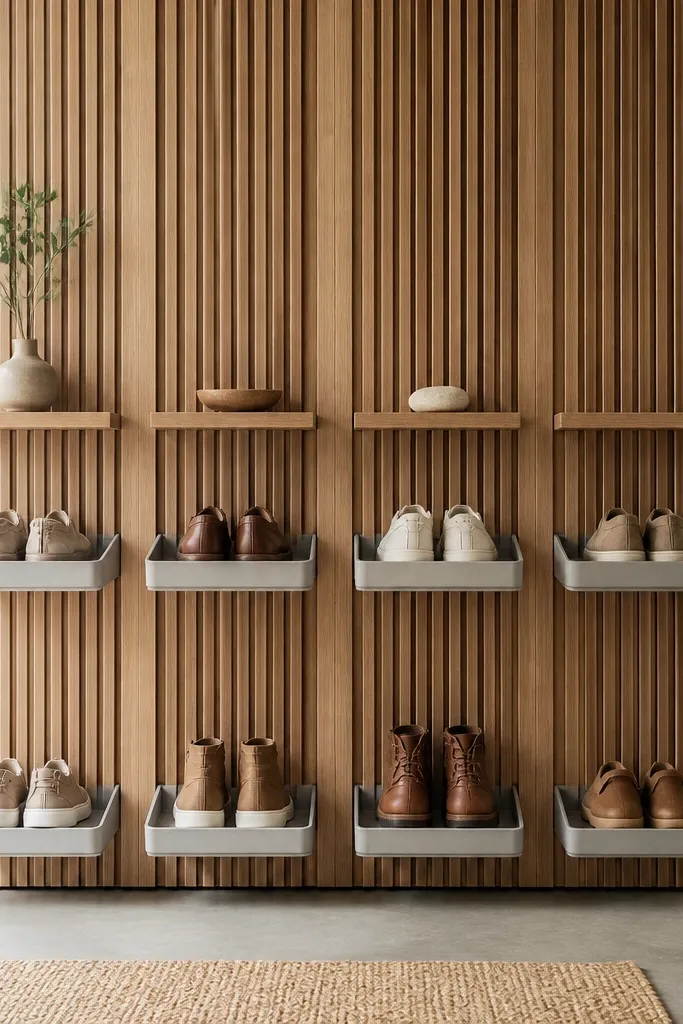 A wall panel made of vertical wood slats with small ledges. Under each ledge sits a removable tray where shoes rest, and the trays have light gray finishes.