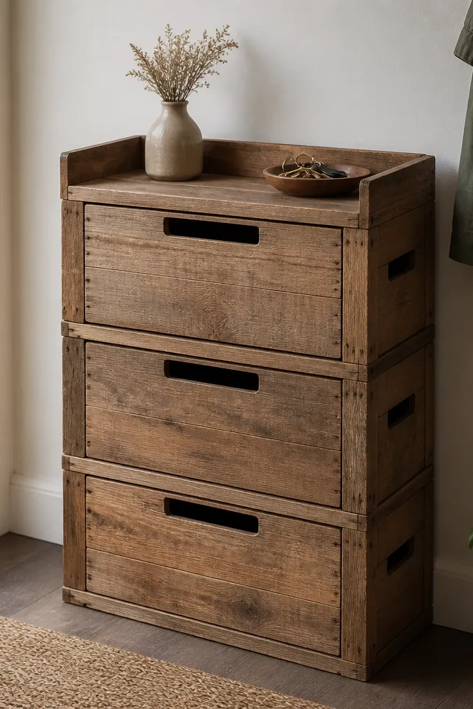 A freestanding unit made from stacked wooden crates with shallow drawer-front openings. Each crate has a sliding panel, and the top has a small shelf for keys.