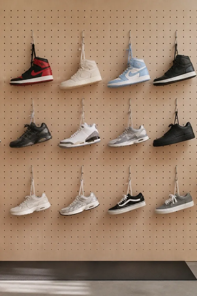 A pegboard wall with neat rows of S-hooks holding sneakers by the laces. A wipeable mat sits along the bottom, and a small shelf holds a brush and spray.