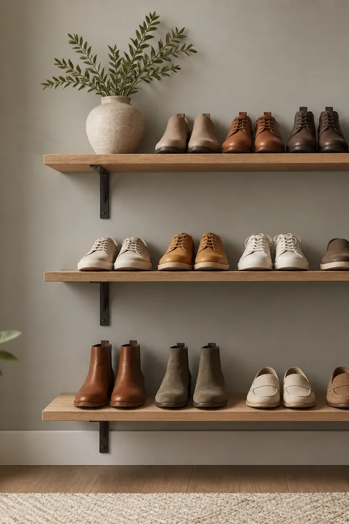 Two or three shelf boards mounted to the wall with metal L-brackets. Shoes sit neatly in rows, and the wall is painted a soft warm gray.