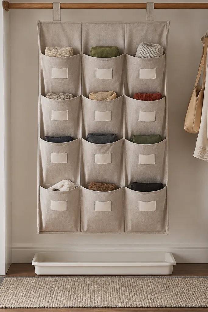 A hanging fabric organizer with multiple labeled slots. Under it, a shallow plastic drip tray catches water, and a small mat covers the floor area.