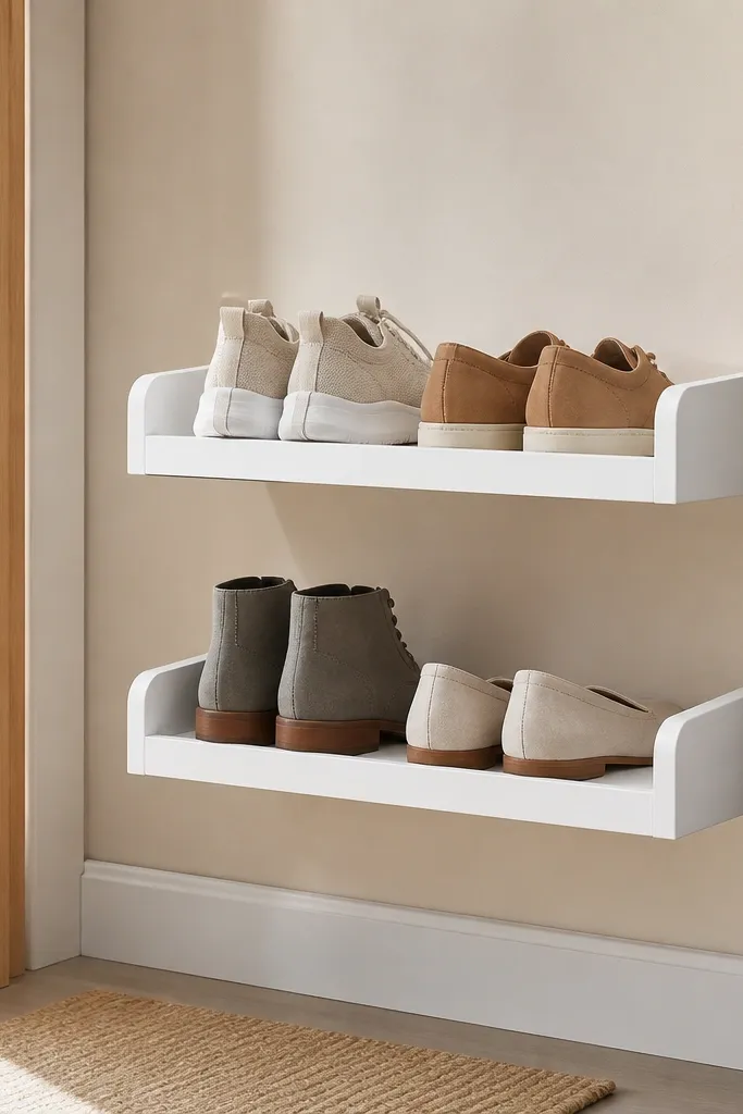 A compact two-tier shoe rack built from two narrow bathroom wall shelves mounted in a ladder shape, with a middle gap for airflow. The shelves are white and the entry wall is beige.
